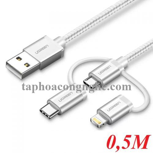 Ugreen 30460 0.5M màu Trắng Cáp sạc đa năng USB sang TypeC + Micro + Lightning US186 30030460